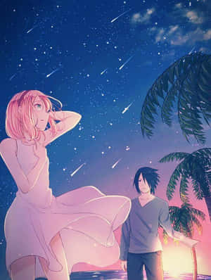 兩個動漫角色在夜晚的棕櫚樹下觀看流星。