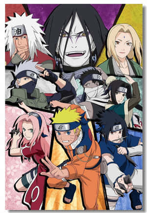 Naruto動漫角色在色彩繽紛的分段背景前擺出動作姿勢。