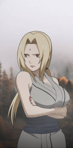 金髮動漫女性交叉雙臂，在霧氣秋林中。