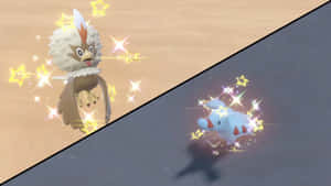 兩隻動漫風格的寶可夢被閃耀的星星包圍在分割背景上。 — Dva GIF 壁紙