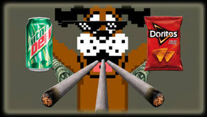 像素狗戴太陽眼鏡，手持大麻煙，旁邊有Mountain Dew和Doritos袋。