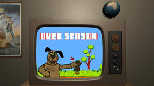 復古電視顯示一隻像素卡通狗在名為 Duck Season 的遊戲中抱著一隻鴨子。