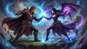奇幻戰士與女巫以發光的魔法能量戰鬥。 — 魔法風雲會 壁紙