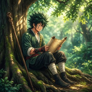 動漫戰士在森林樹下閱讀卷軸