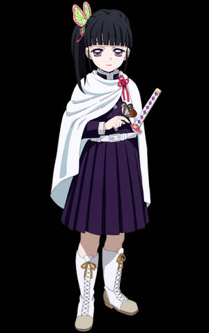 紫色制服動漫女孩手持劍，帶蝴蝶髮夾。 — 鬼滅之刃 壁紙