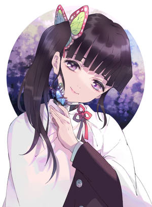 深色頭髮和紫色眼睛的動漫女孩，將一隻藍色蝴蝶靠近她的臉龐。 — 鬼滅之刃 壁紙
