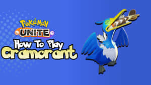 Cramorant神奇寶貝在Pokémon Unite遊戲藝術中叼著飛鏢，帶有「How To Play」文字。 — 卡通 壁紙