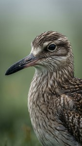 一隻鳥的 close-up，帶有詳細的棕色和白色羽毛和黑色喙。