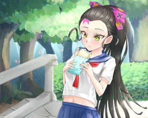 穿著校服的動漫女孩在森林橋上吃冰淇淋。 — 鬼滅之刃 壁紙