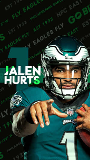 身穿老鷹隊球衣的足球運動員Jalen Hurts指向前方