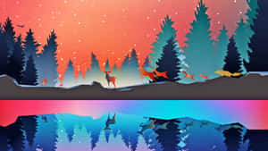 鹿和狐狸在日落時跳過雪脊，湖中倒映森林。 — 森林 壁紙