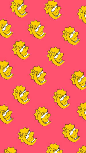 粉紅色壁紙，帶有重複的 Lisa Simpson 微笑卡通面孔。