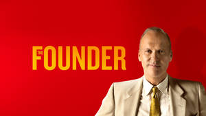 紅色背景上身穿米色西裝和金色領帶的男子，標題為「The Founder」。