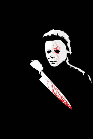 Michael Myers 戴白色面具，在黑色背景前手持沾血的刀