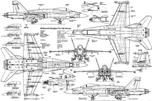 F/A-18A 大黃蜂戰鬥機的技術圖紙，附有標籤的組件和規格。