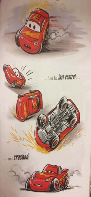 一輛紅色卡通賽車失控並在漫畫風格插圖中撞毀。 — Tecno Camon 壁紙