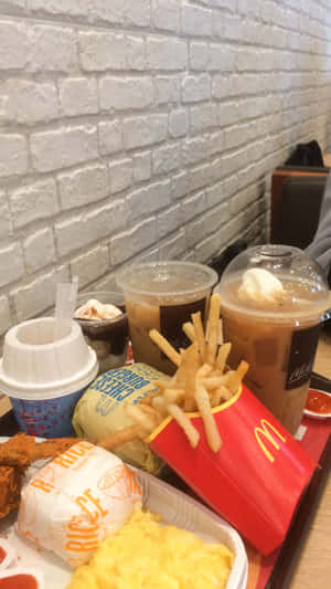 麥當勞餐點，有薯條、飲品和漢堡包，放在托盤上，靠近磚牆。 — iPhone 6 壁紙