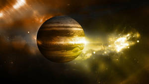 木星被金色星雲和深空中的星星照亮。