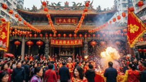 黃大仙廟新春慶祝，燃放煙花。