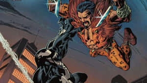 Venom 在黃昏的城市中與貓超級英雄戰鬥。 — 蝙蝠俠 壁紙