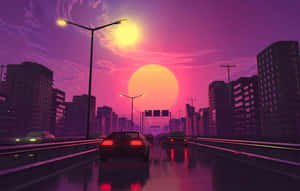 喺霓虹燈浸透嘅城市中，汽車喺濕滑嘅高速公路上行駛，天空係發光嘅夕陽。 — 日落大道 壁紙