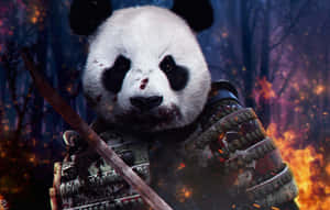 熊貓戰士身穿武士盔甲，在燃燒的森林中手持劍。