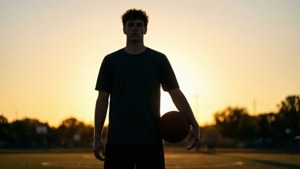 年輕男子在夕陽下於戶外球場拿著籃球