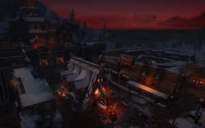 被雪覆蓋的中世紀村莊在黃昏時分閃爍著溫暖的光芒。 — 1280x800 壁紙