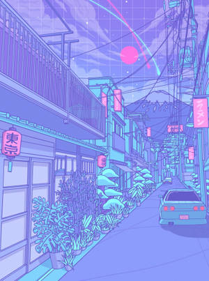 動漫風格霓虹街道，帶有粉紅色太陽和停放的跑車。 — 粉藍色 壁紙