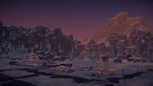 黃昏時分，積雪的山谷中的廢棄建築物。 — 最黑暗地牢 壁紙