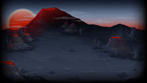 火山景觀，有熔岩流和夕陽。 — 紅色山脈 壁紙