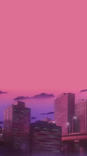 黃昏時分粉紅色和紫色的天空，現代城市建築和發光的窗戶。 — 粉紅動漫美學 壁紙