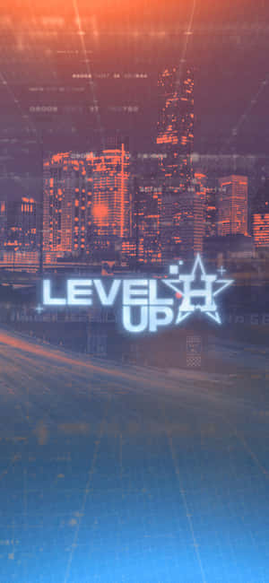 發光建築物和「LEVEL UP」遊戲標誌的未來城市天際線。 — 天空景觀 壁紙
