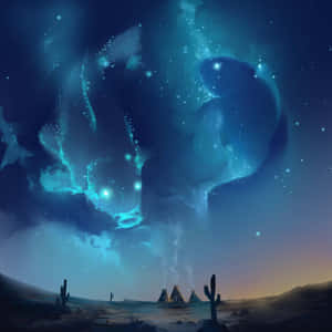 夜晚，沙漠帳篷在發光的藍色極光和星星下。 — 雙魚座 GIF 壁紙