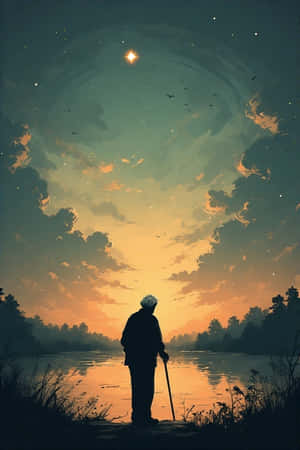 一位長者拄著拐杖，在黃昏時分站在河邊，仰望星空，天空中有飛鳥。