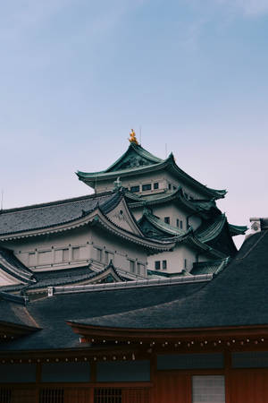 傳統日本城堡，綠色屋頂和白色城牆，藍天下