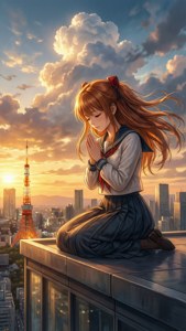 動漫女孩穿著校服在夕陽下以東京塔為背景在天台上祈禱