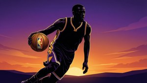 籃球運動員在紫色和橙色天空的日落中運球。