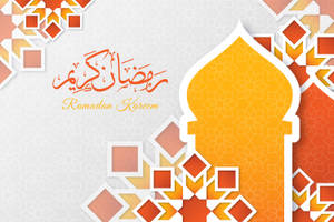 Ramadan Kareem 問候語，帶有橙色幾何圖案和阿拉伯書法，白色花卉背景。