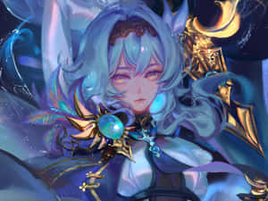 動漫女孩，藍色頭髮和金色盔甲，在宇宙環境中手持發光球體。