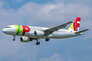 葡萄牙航空飛機以彩色塗裝在藍天白雲中降落
