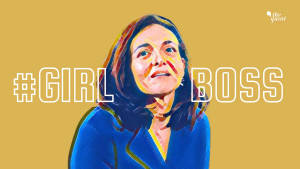 一位穿著藍色西裝外套、帶有 girl boss 文字的自信女性。