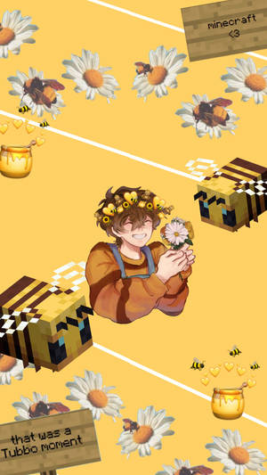 一個微笑的Minecraft養蜂人戴著花冠，手持雛菊，周圍有蜜蜂和蜂蜜罐。