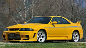 黃色日產Skyline GT-R停在光禿禿的樹木附近的草地上。 — 汽車 壁紙