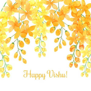 黃色水彩花朵圍繞「Happy Vishu!」祝福語。