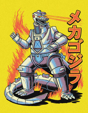 Mecha Godzilla 機械人怪獸站在火焰中一艘破損的船上。
