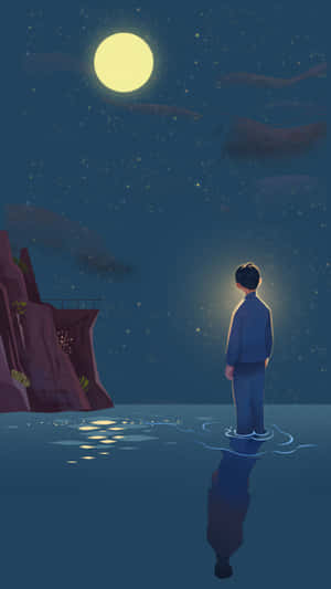 一個人站在水中，在星空下看著滿月，背景有懸崖。