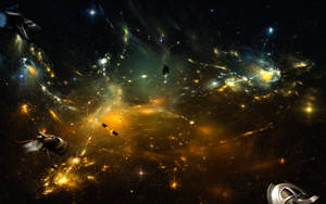 時尚的太空船在充滿星星和發光宇宙雲的充滿活力的星雲中航行。