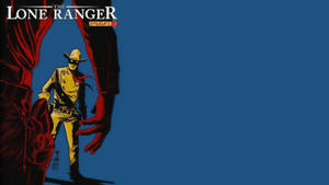 身穿黃色制服和面具的 The Lone Ranger 在藍色背景下被紅色窗簾框住。