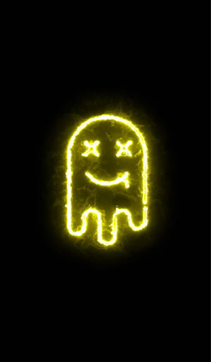 發光黃色 Pac-Man 鬼魂，X 眼睛和微笑，黑色背景 — LED 動畫 壁紙